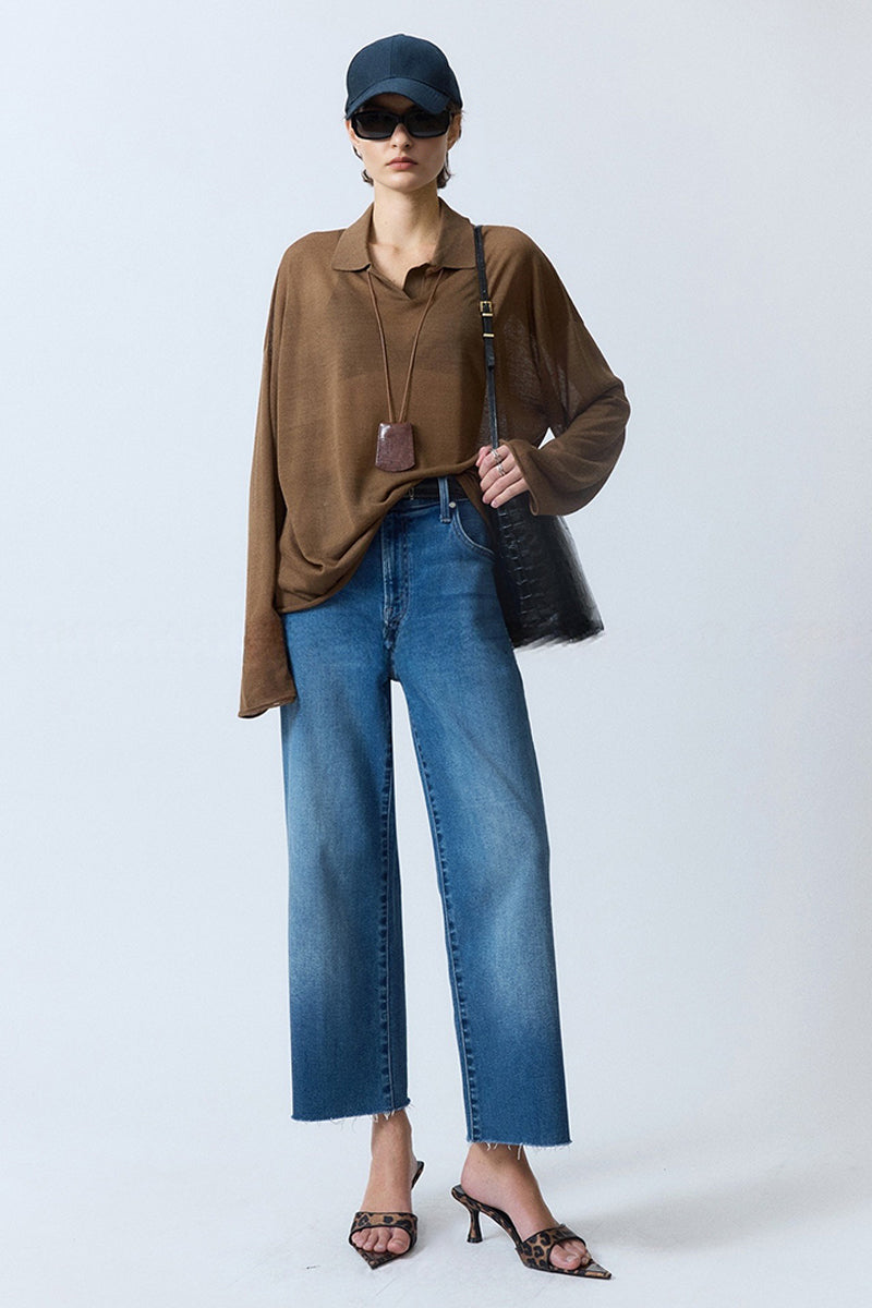 Oversized Triacetate-Cotton Long Sleeve Polo T-Shirt