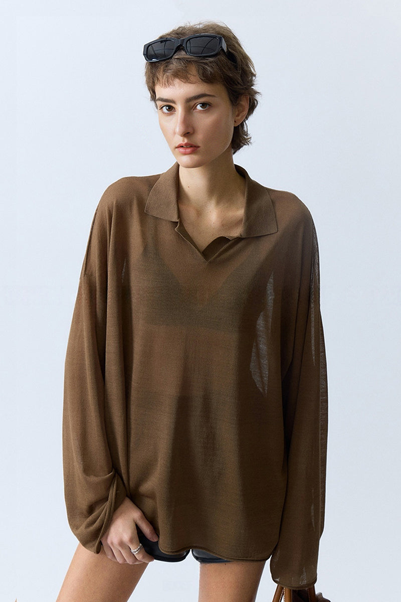 Oversized Triacetate-Cotton Long Sleeve Polo T-Shirt