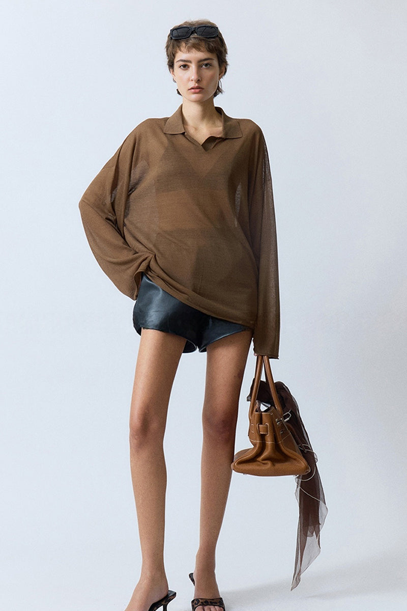 Oversized Triacetate-Cotton Long Sleeve Polo T-Shirt