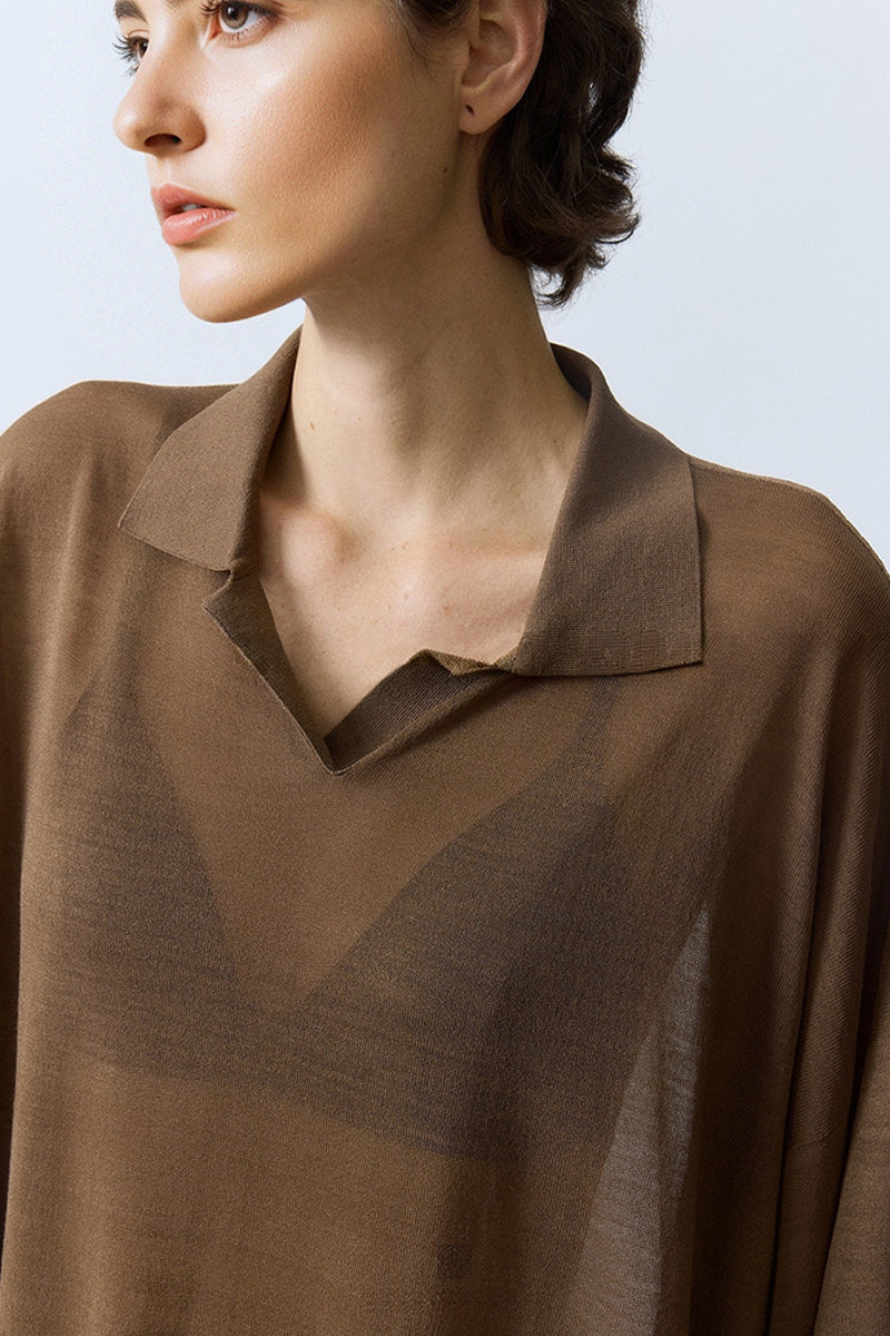 Oversized Triacetate-Cotton Long Sleeve Polo T-Shirt