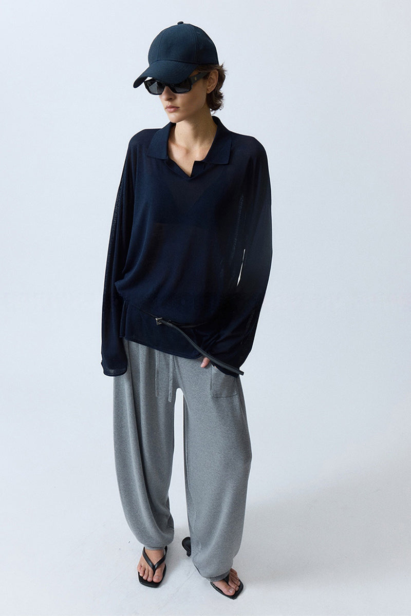 Oversized Triacetate-Cotton Long Sleeve Polo T-Shirt