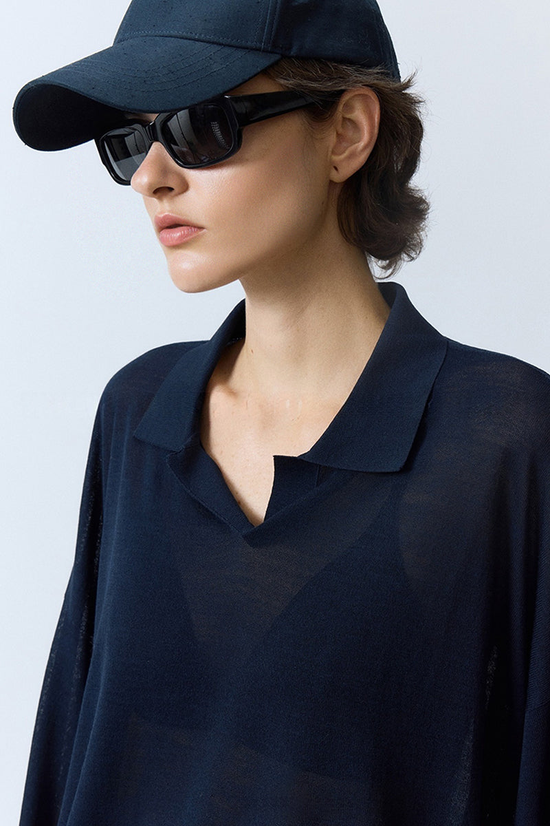 Oversized Triacetate-Cotton Long Sleeve Polo T-Shirt