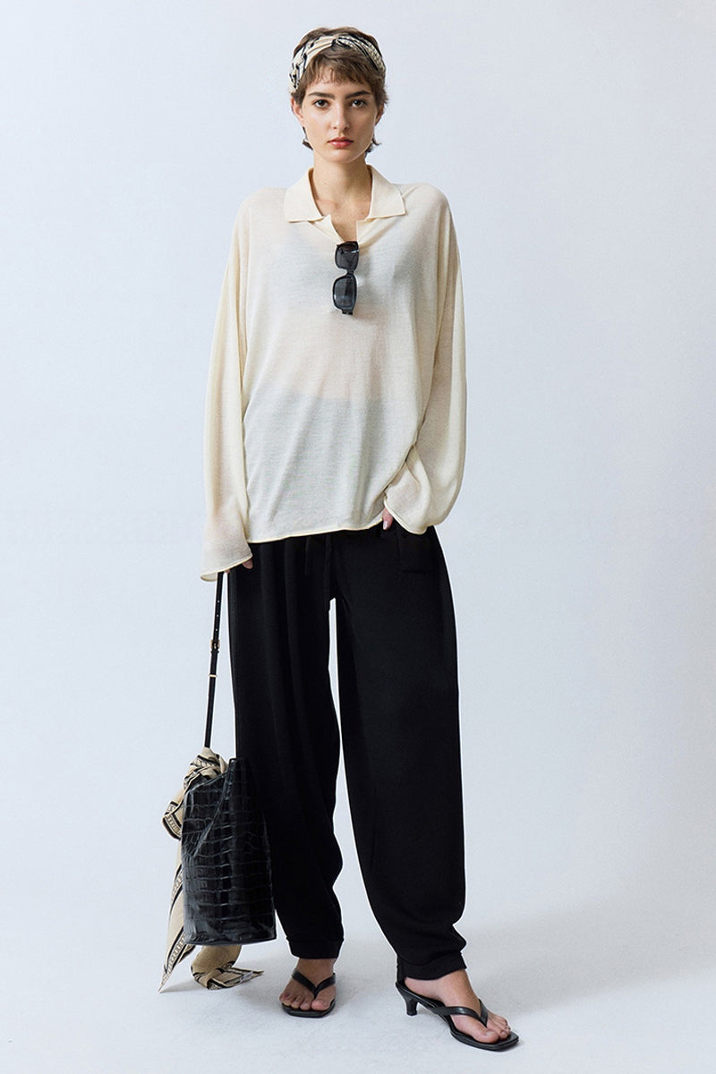 Oversized Triacetate-Cotton Long Sleeve Polo T-Shirt