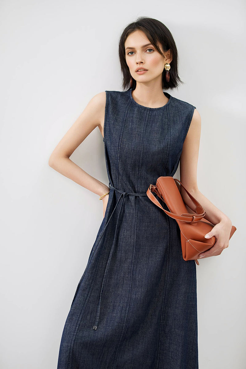 Paneled Sleeveless Denim A-Line Dress with Belt
