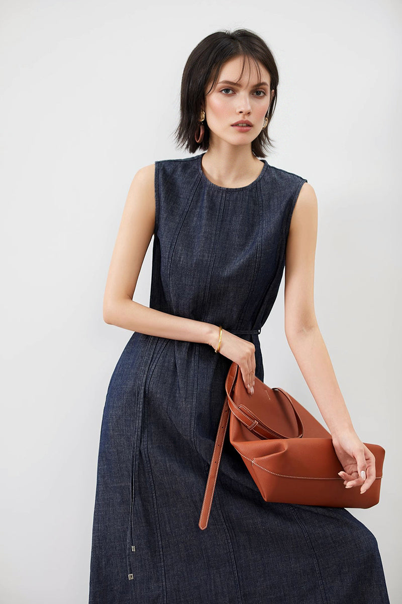 Paneled Sleeveless Denim A-Line Dress with Belt