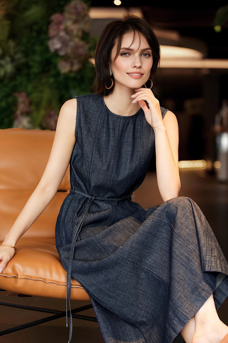 Paneled Sleeveless Denim A-Line Dress with Belt
