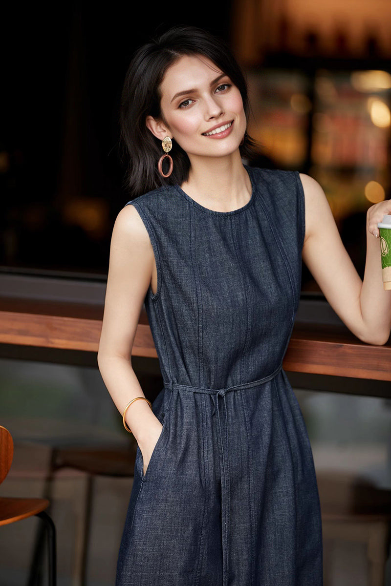 Paneled Sleeveless Denim A-Line Dress with Belt