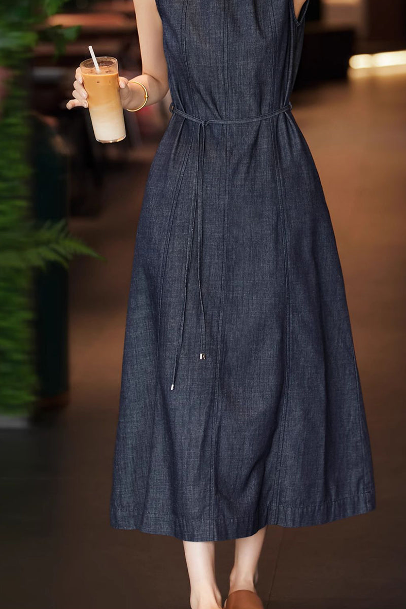 Paneled Sleeveless Denim A-Line Dress with Belt