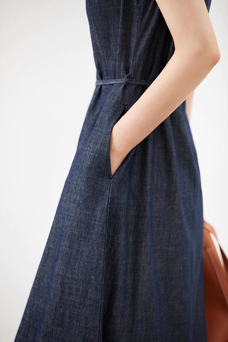 Paneled Sleeveless Denim A-Line Dress with Belt