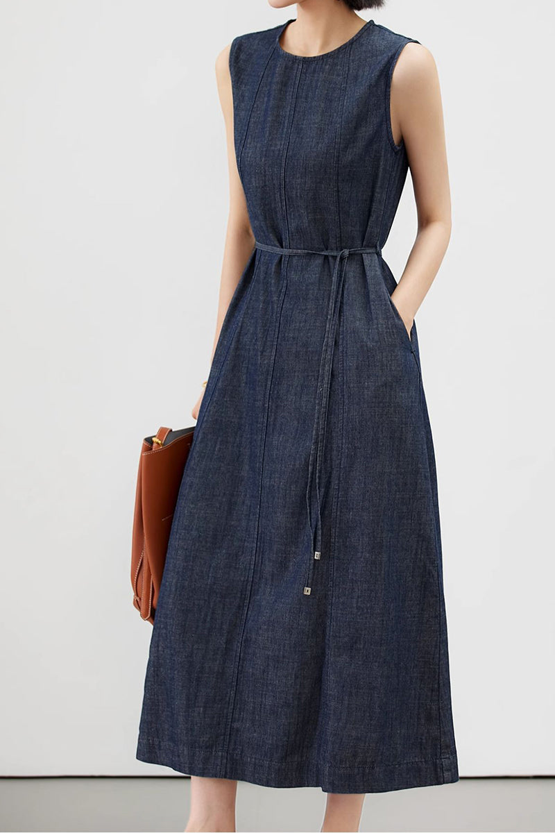 Paneled Sleeveless Denim A-Line Dress with Belt