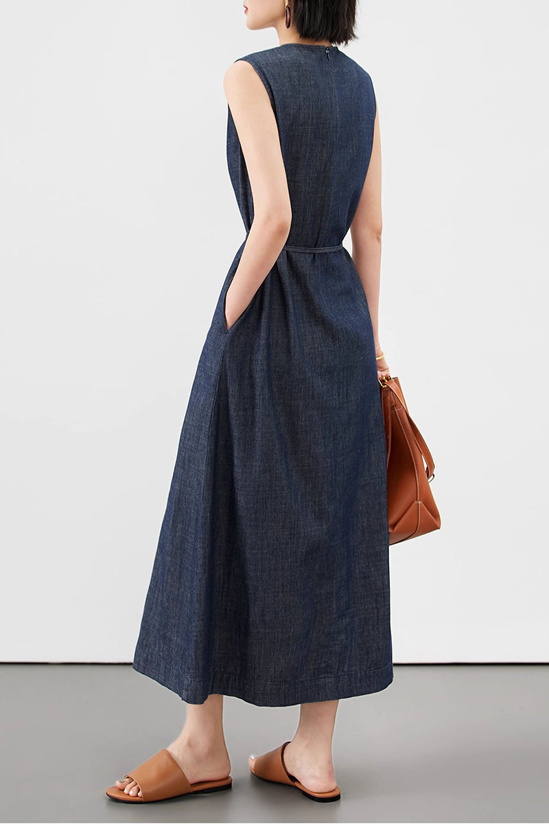 Paneled Sleeveless Denim A-Line Dress with Belt
