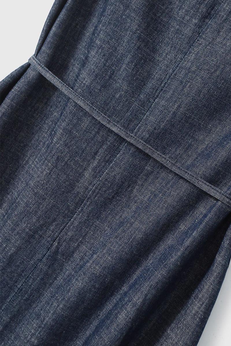 Paneled Sleeveless Denim A-Line Dress with Belt