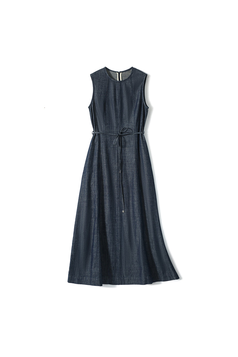 Paneled Sleeveless Denim A-Line Dress with Belt
