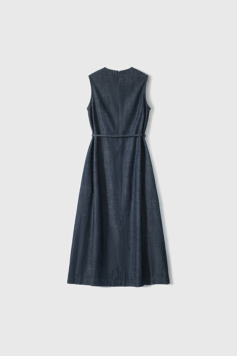 Paneled Sleeveless Denim A-Line Dress with Belt