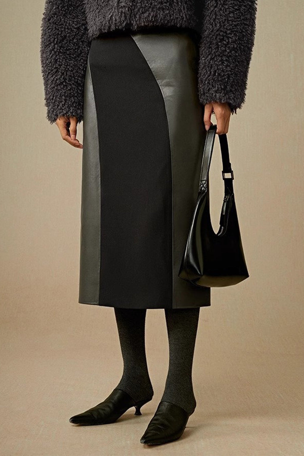Patchwork Leather Suede A-Line Midi Skirt