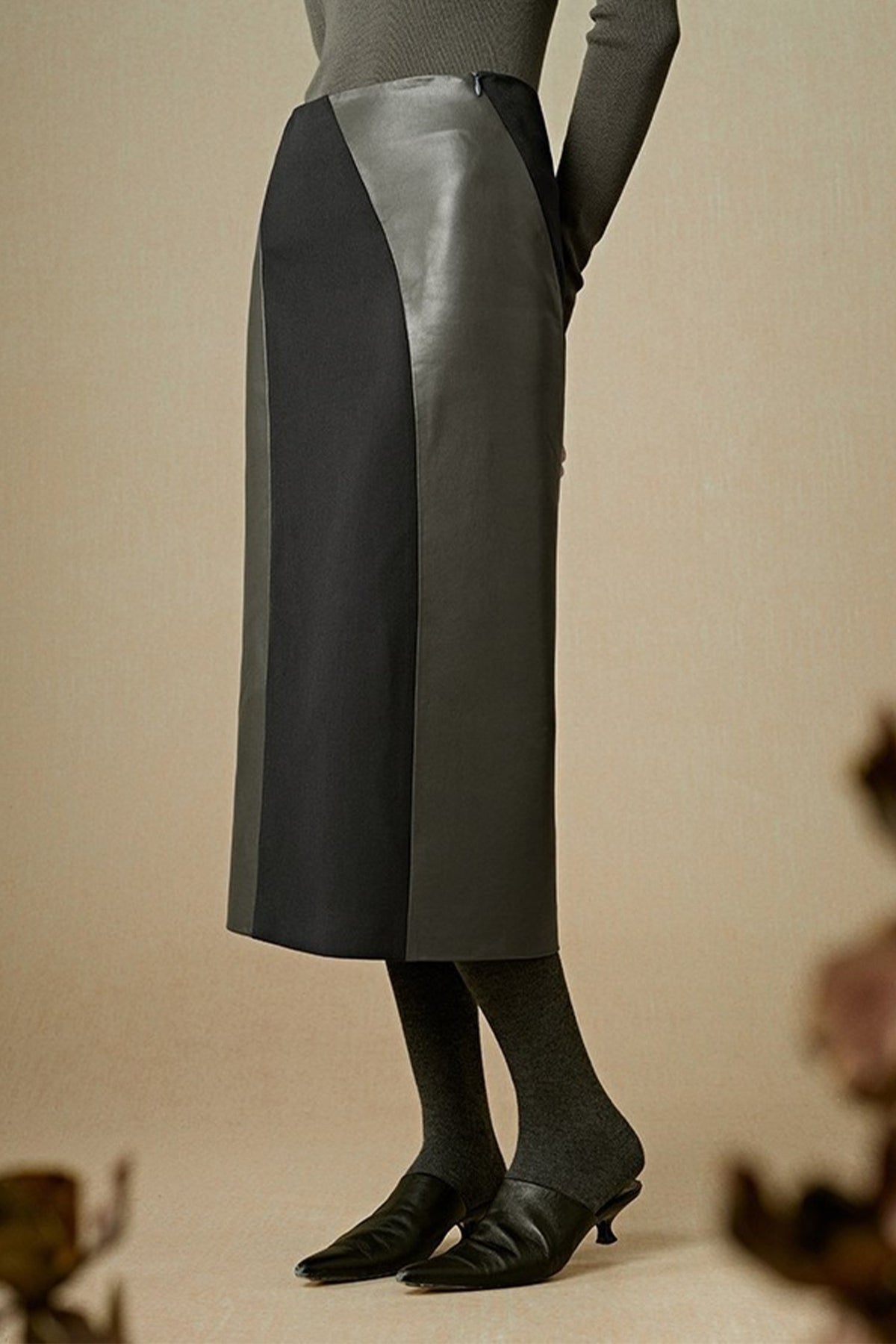 Patchwork Leather Suede A-Line Midi Skirt