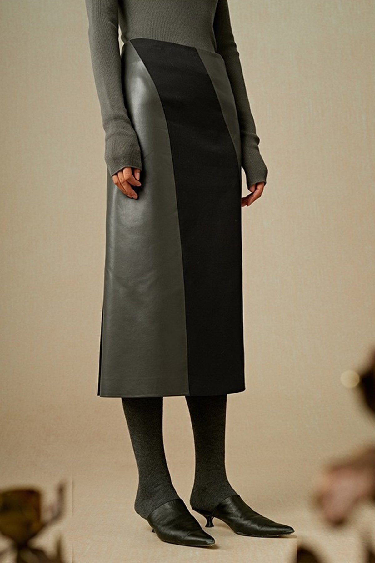 Patchwork Leather Suede A-Line Midi Skirt