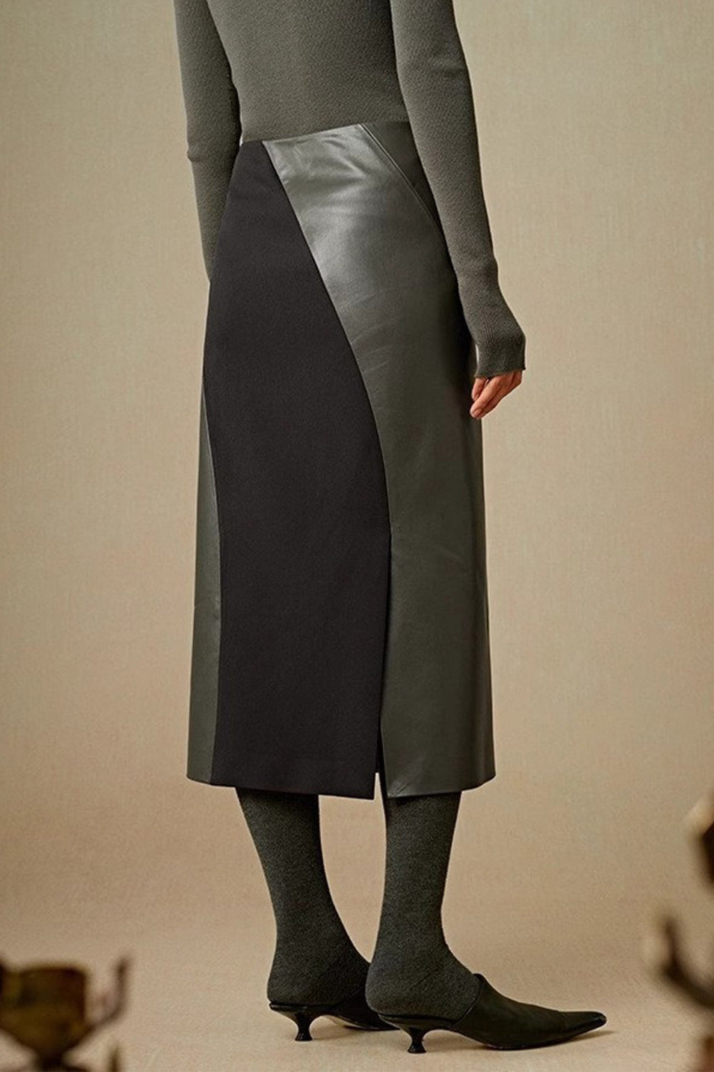 Patchwork Leather Suede A-Line Midi Skirt