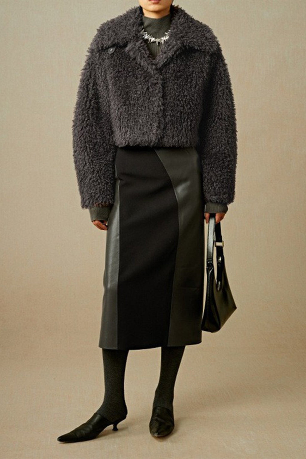 Patchwork Leather Suede A-Line Midi Skirt