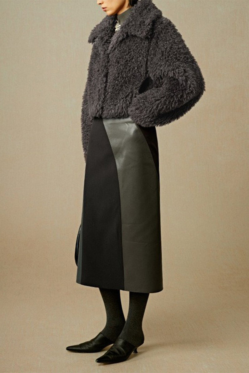 Patchwork Leather Suede A-Line Midi Skirt