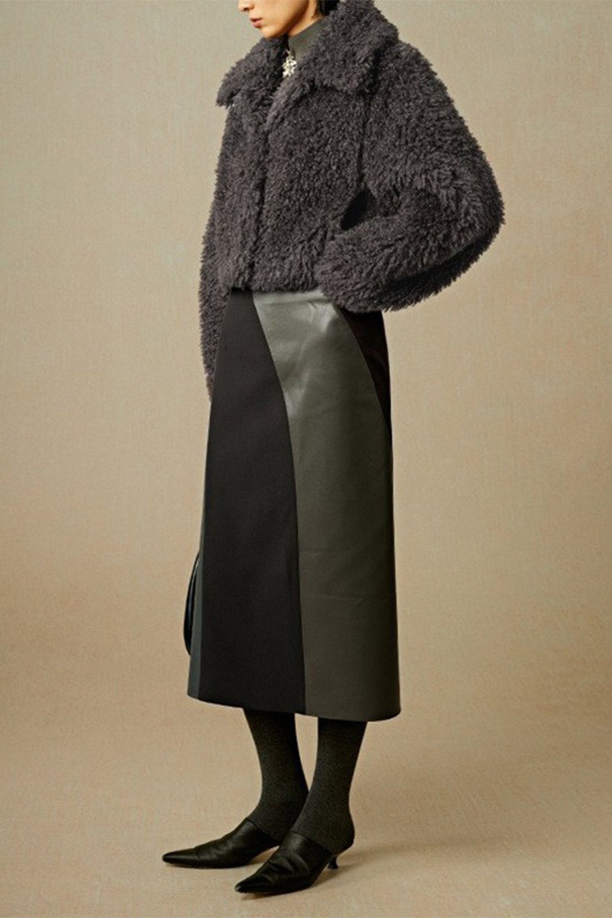 Patchwork Leather Suede A-Line Midi Skirt