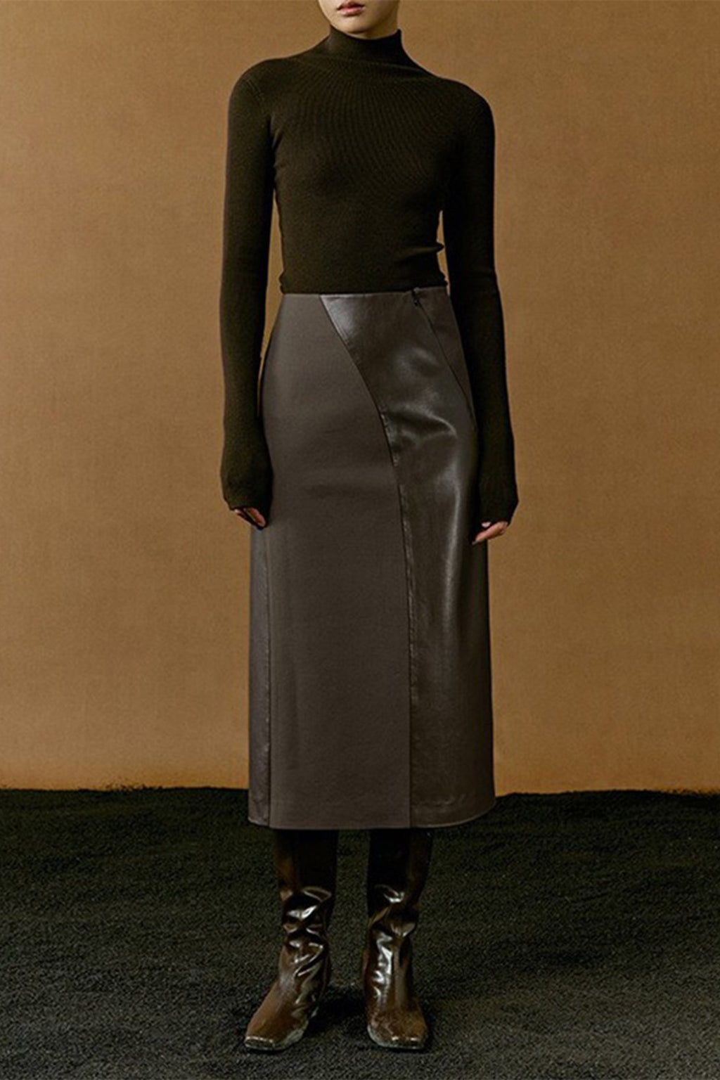 Patchwork Leather Suede A-Line Midi Skirt
