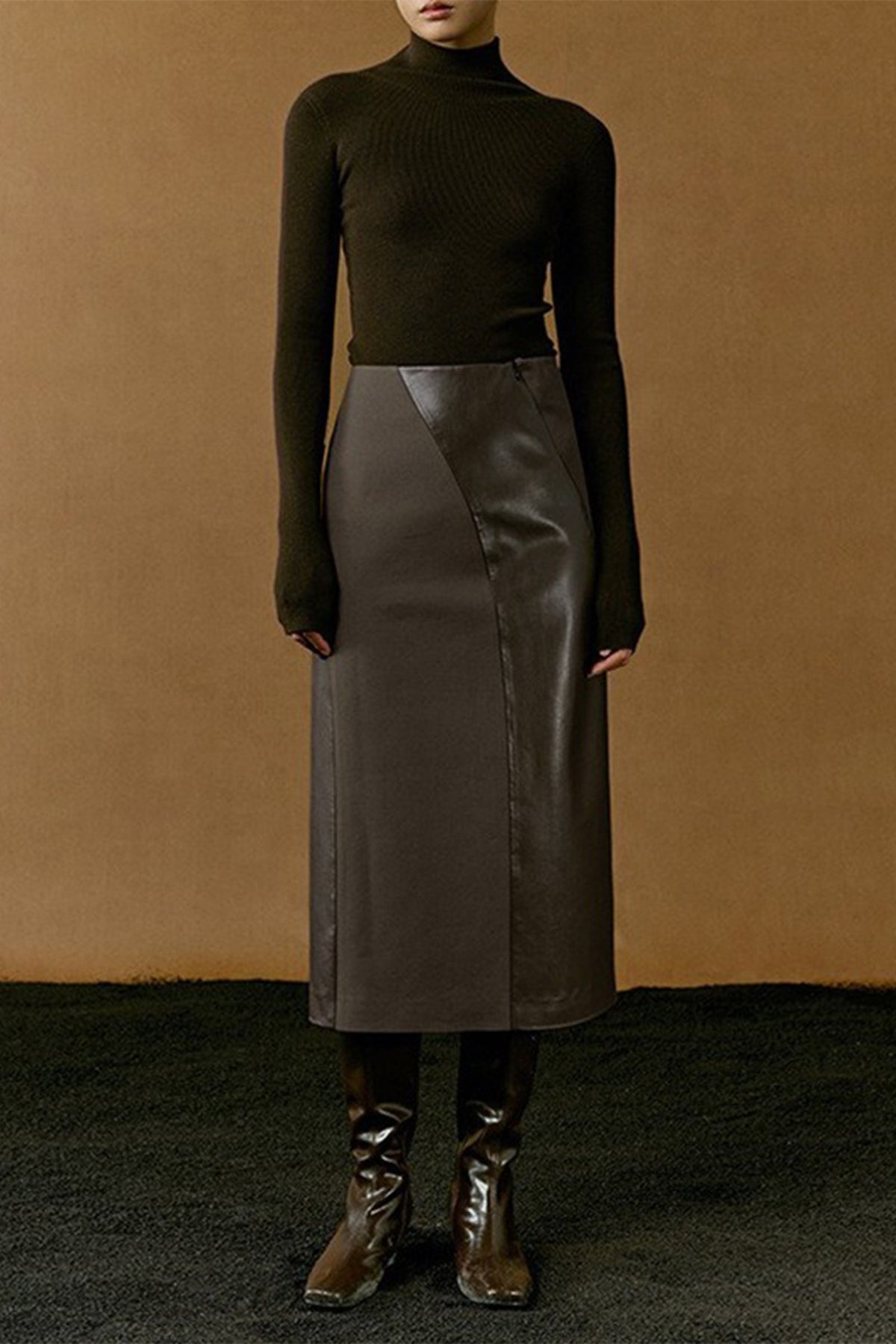 Patchwork Leather Suede A-Line Midi Skirt