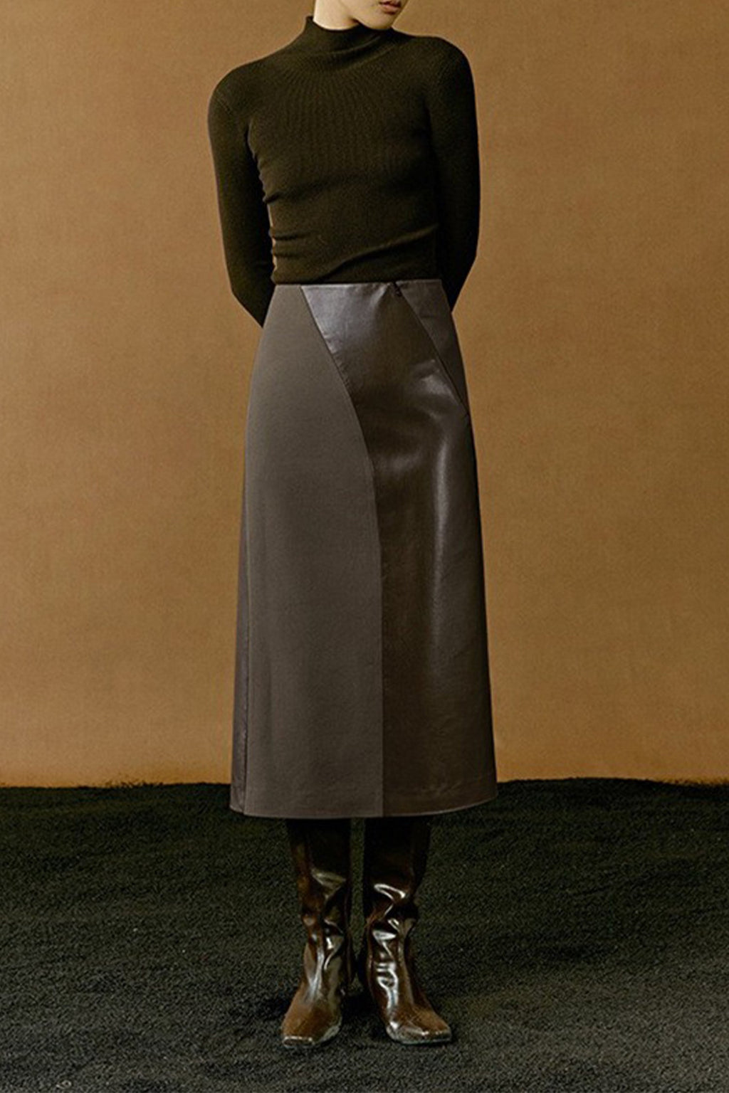 Patchwork Leather Suede A-Line Midi Skirt