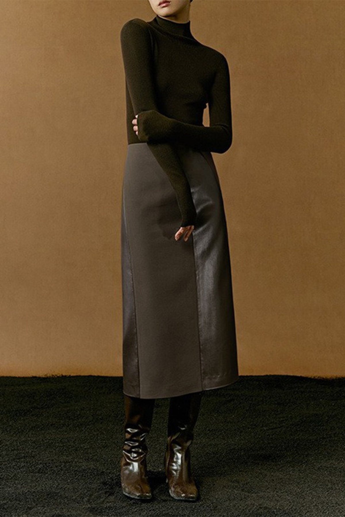 Patchwork Leather Suede A-Line Midi Skirt