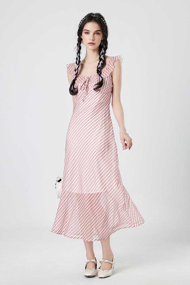 Picnic Gingham Tie-Front Ruffle-Neck Midi Dress