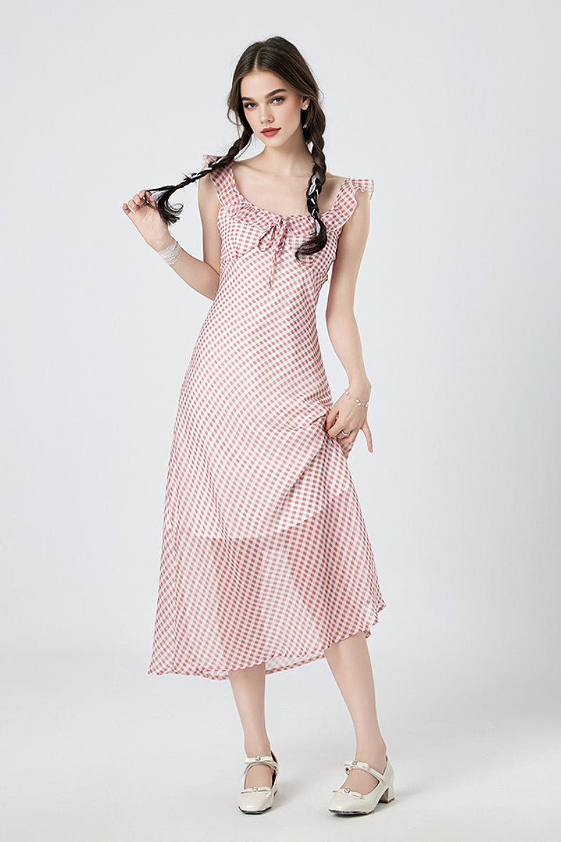 Picnic Gingham Tie-Front Ruffle-Neck Midi Dress