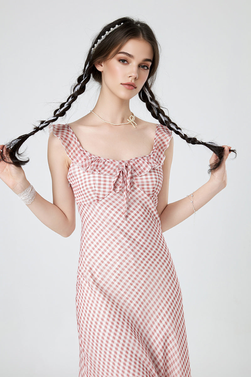 Picnic Gingham Tie-Front Ruffle-Neck Midi Dress