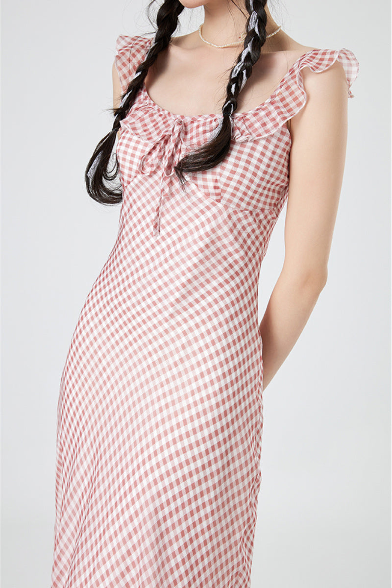 Picnic Gingham Tie-Front Ruffle-Neck Midi Dress