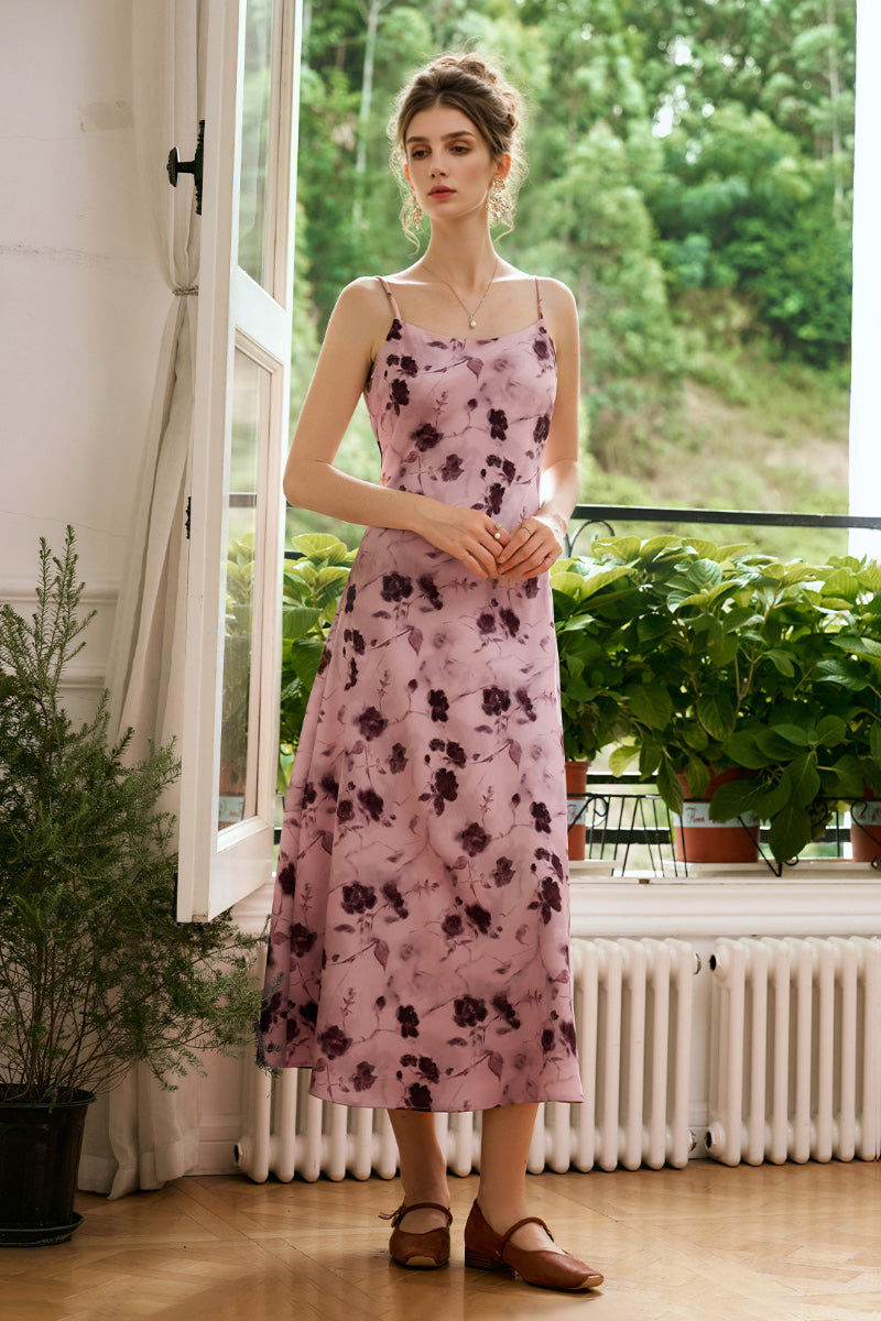 Pink Floral Satin Slip Midi Dress