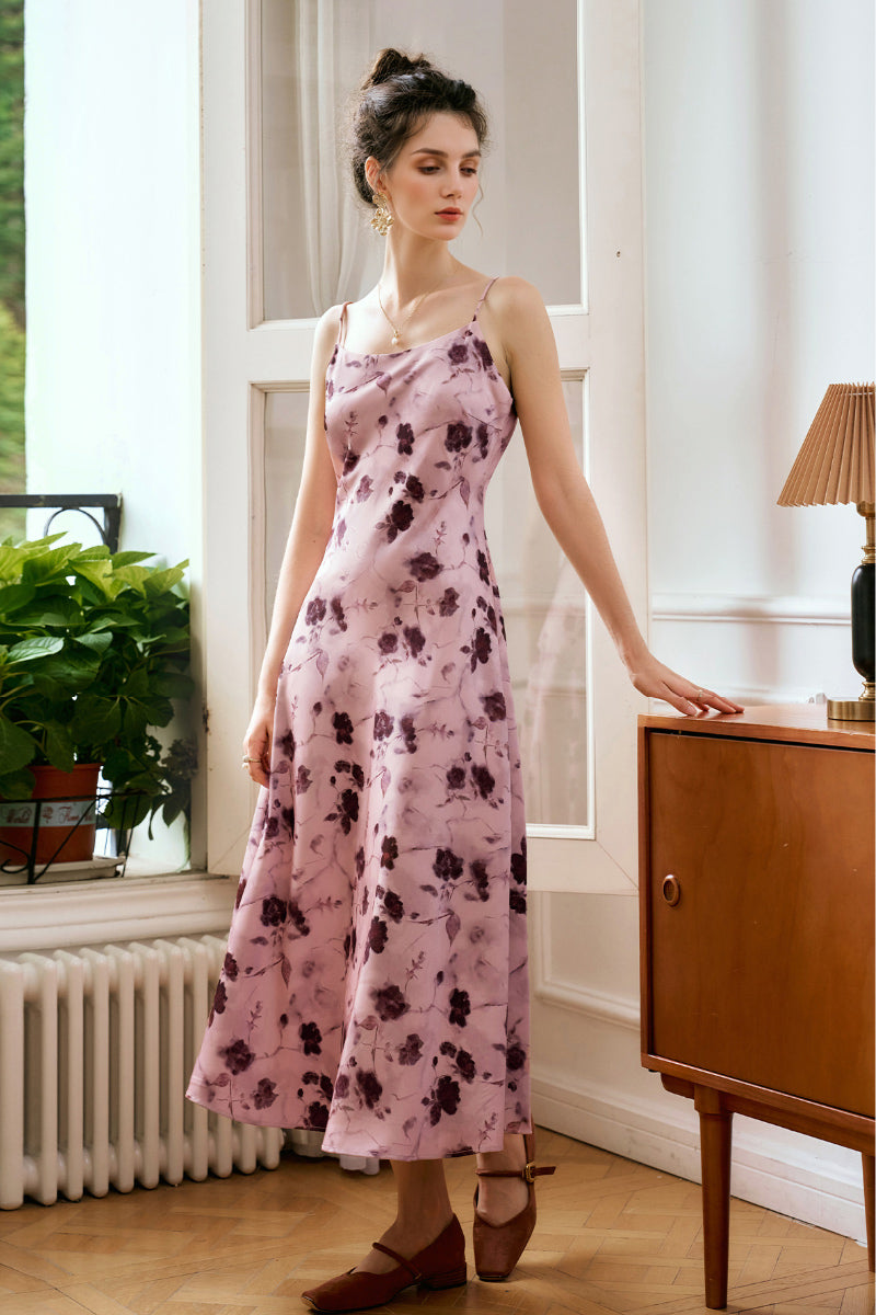 Pink Floral Satin Slip Midi Dress