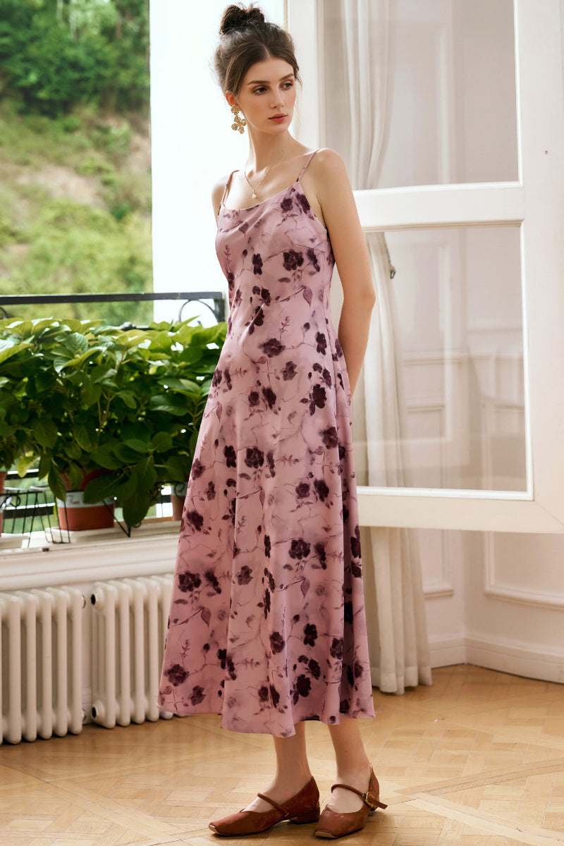 Pink Floral Satin Slip Midi Dress