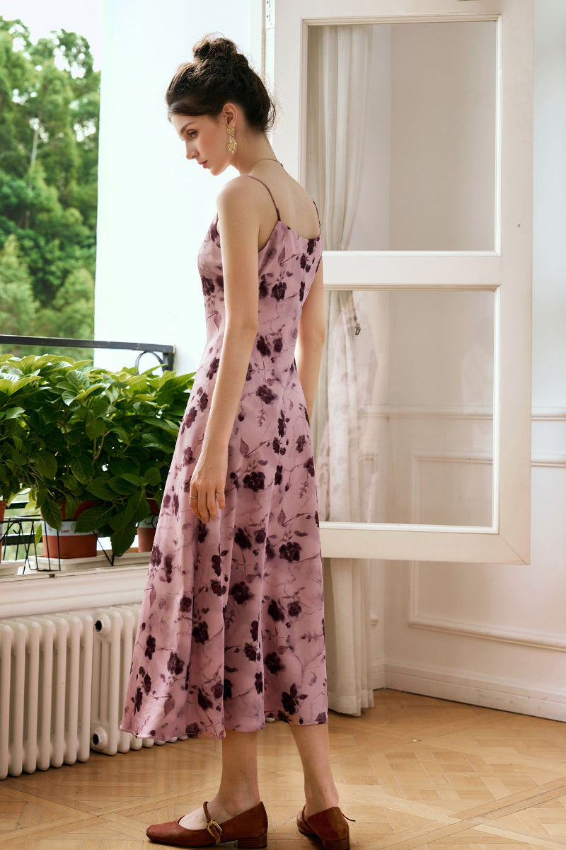 Pink Floral Satin Slip Midi Dress