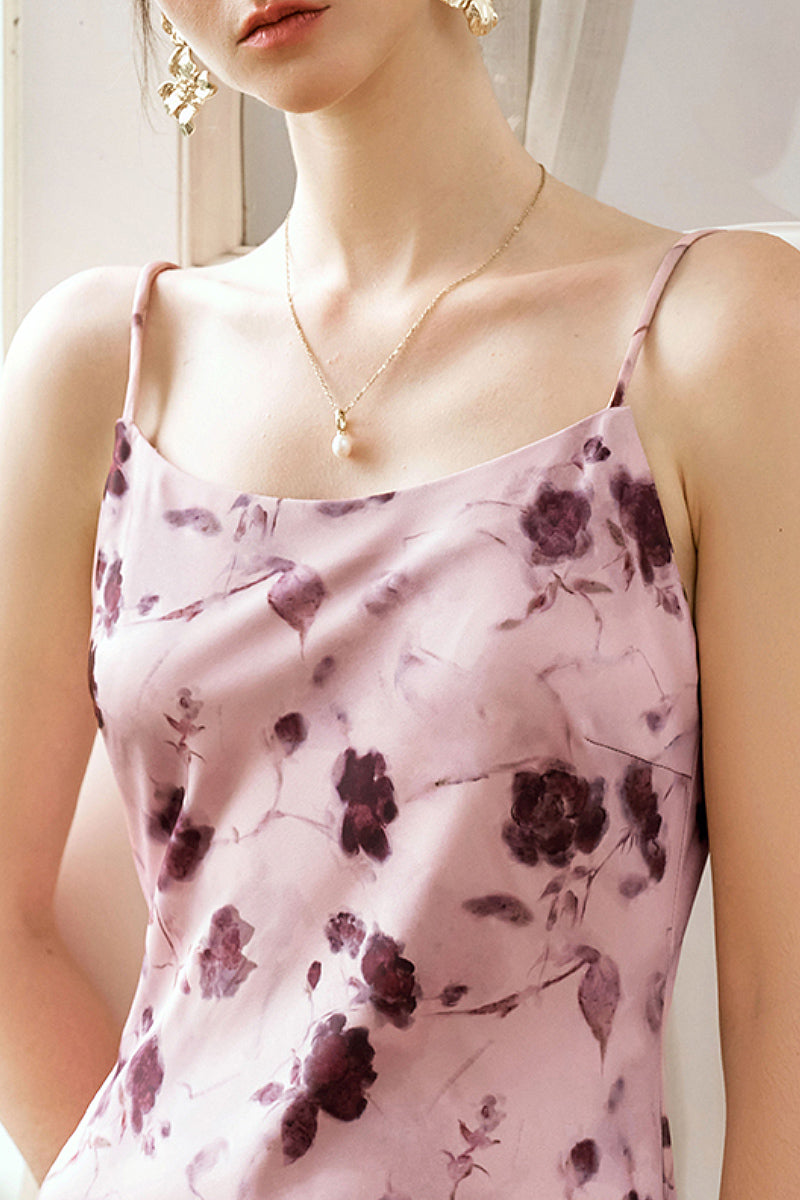 Pink Floral Satin Slip Midi Dress