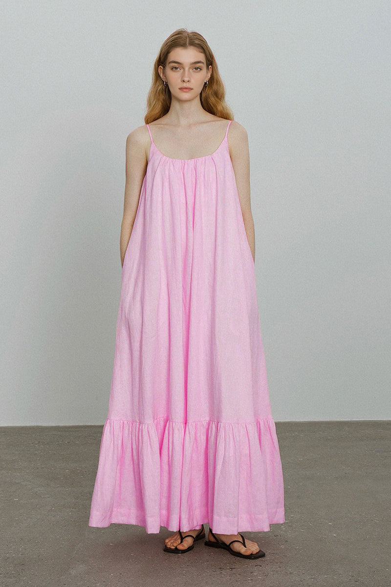 Pink Linen Spaghetti Strap Open-Back Maxi Dress