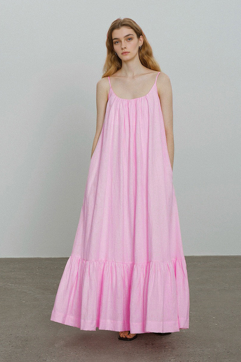 Pink Linen Spaghetti Strap Open-Back Maxi Dress