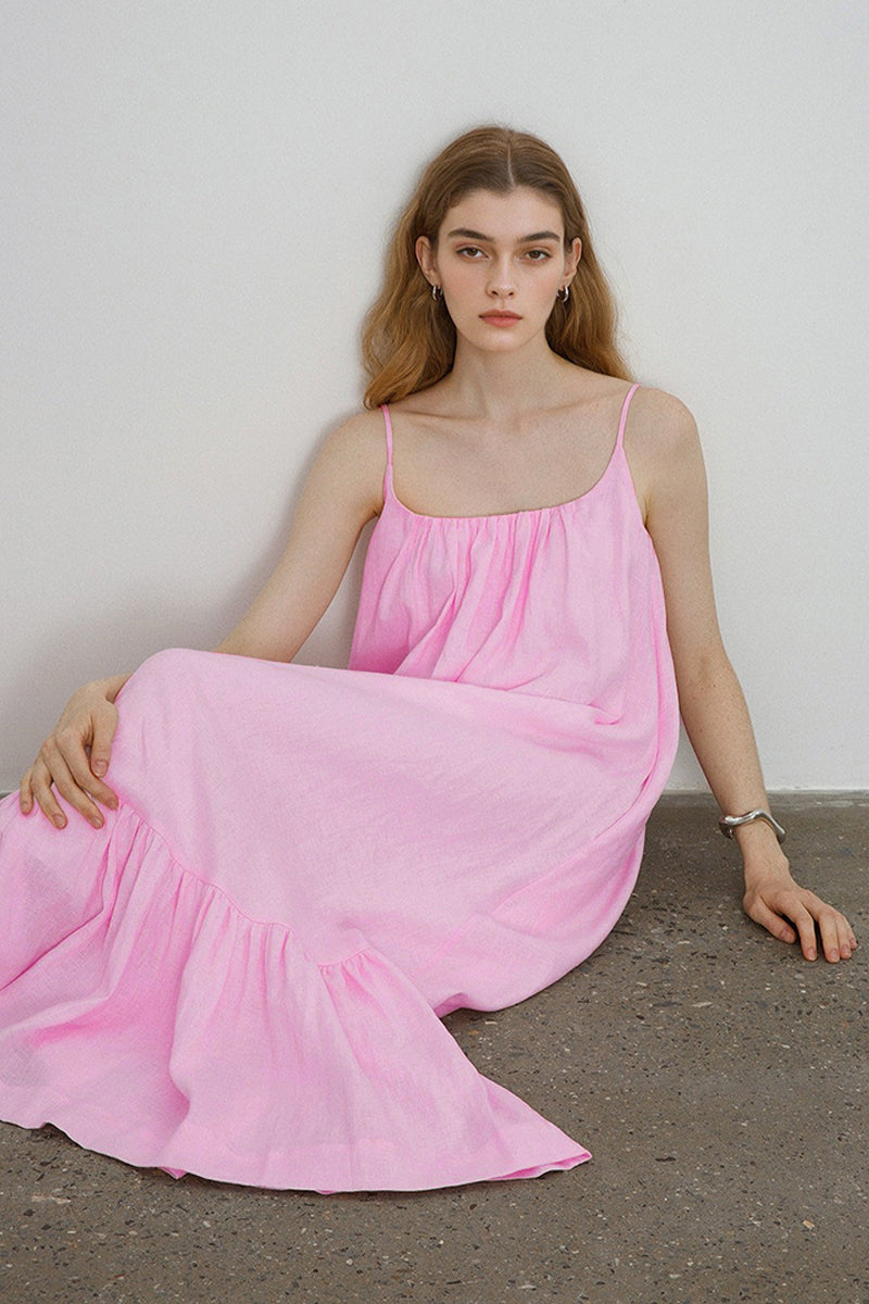 Pink Linen Spaghetti Strap Open-Back Maxi Dress
