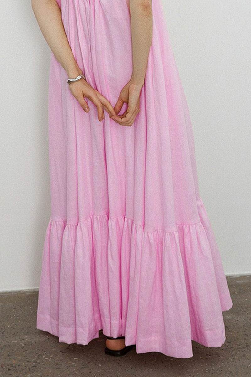 Pink Linen Spaghetti Strap Open-Back Maxi Dress