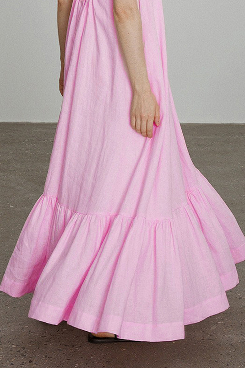 Pink Linen Spaghetti Strap Open-Back Maxi Dress