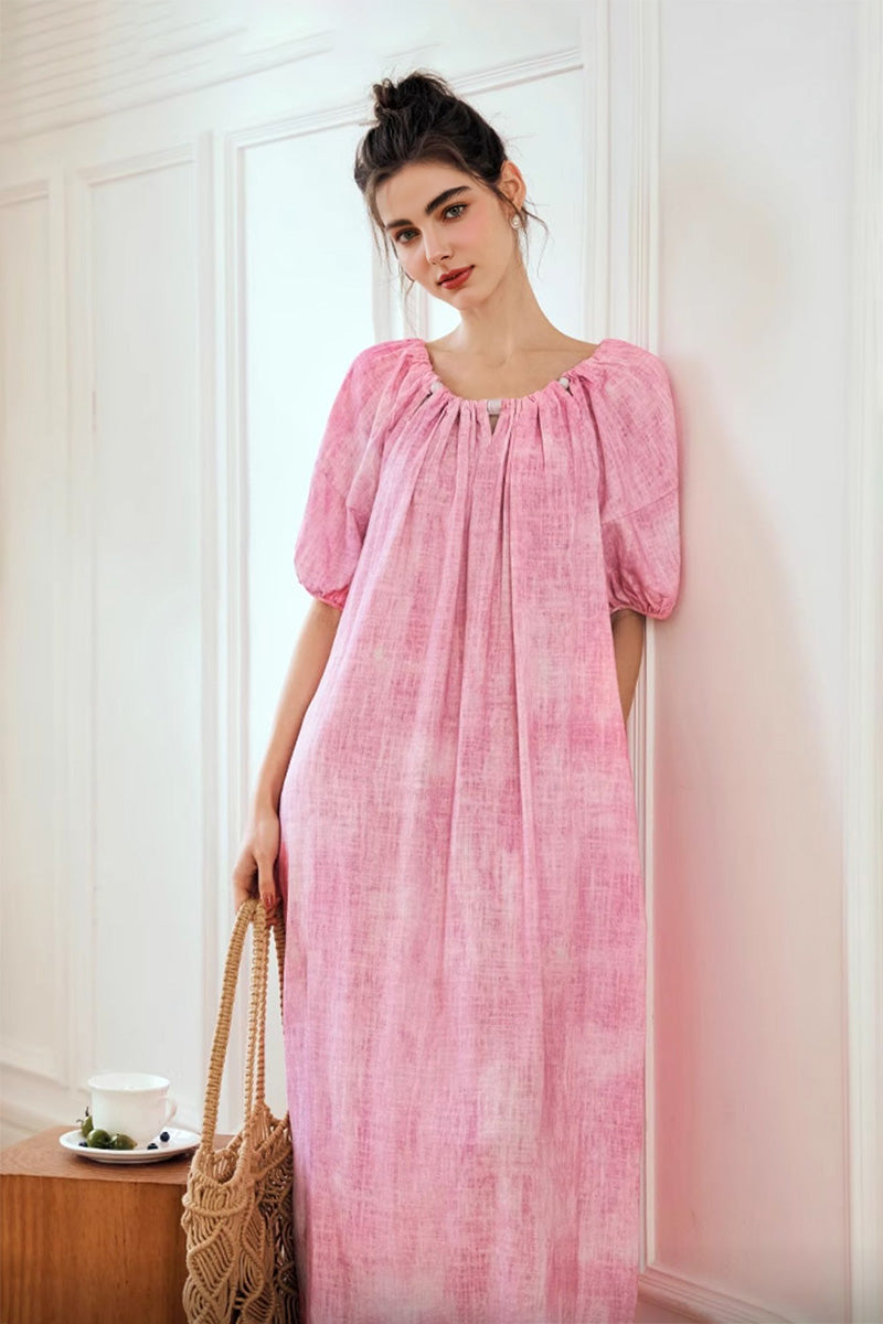 Pink Loose Puff-Sleeve Tie-Dye Midi Dress