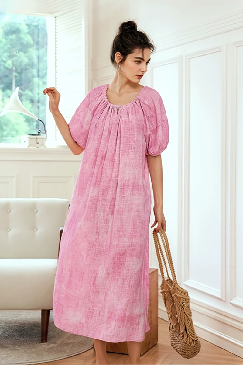 Pink Loose Puff-Sleeve Tie-Dye Midi Dress