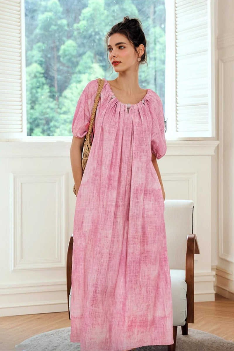 Pink Loose Puff-Sleeve Tie-Dye Midi Dress