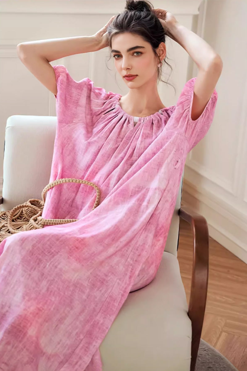 Pink Loose Puff-Sleeve Tie-Dye Midi Dress