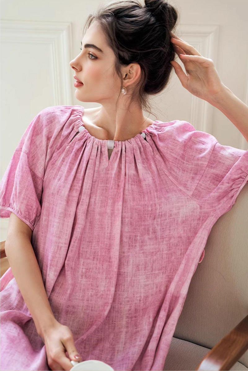 Pink Loose Puff-Sleeve Tie-Dye Midi Dress