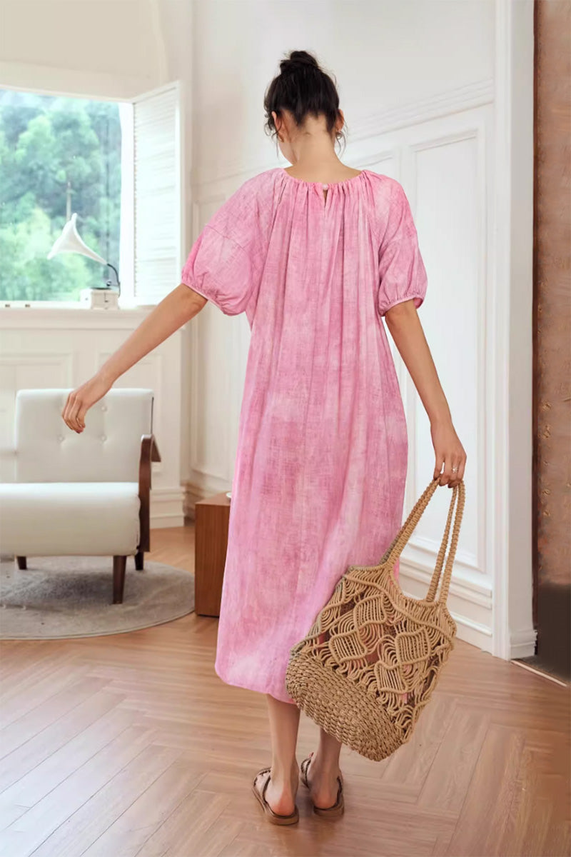 Pink Loose Puff-Sleeve Tie-Dye Midi Dress