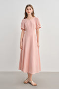 Pink Short-Sleeve A-Line Midi Dress